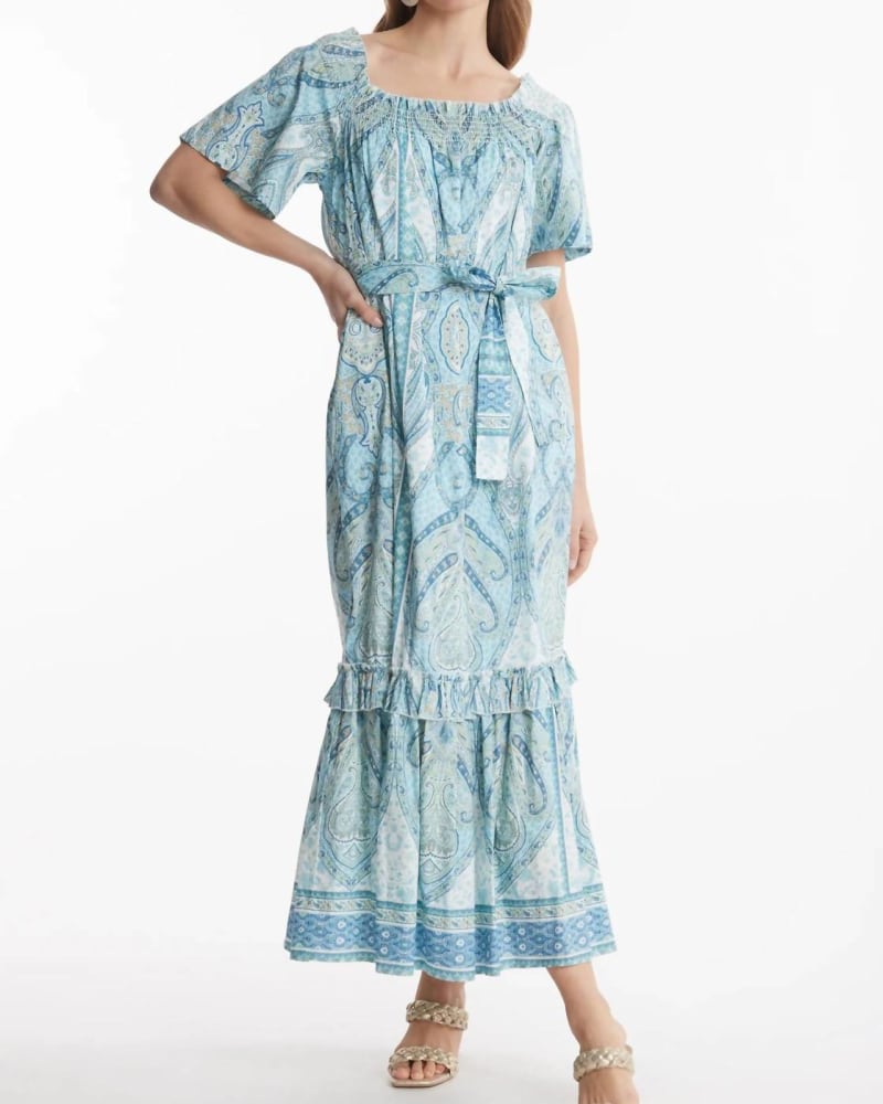 Front of a model wearing a size L Erin Off The Shoulder Maxi Dress in Paisley in Paisley by Tyler Boe. | dia_product_style_image_id:338248